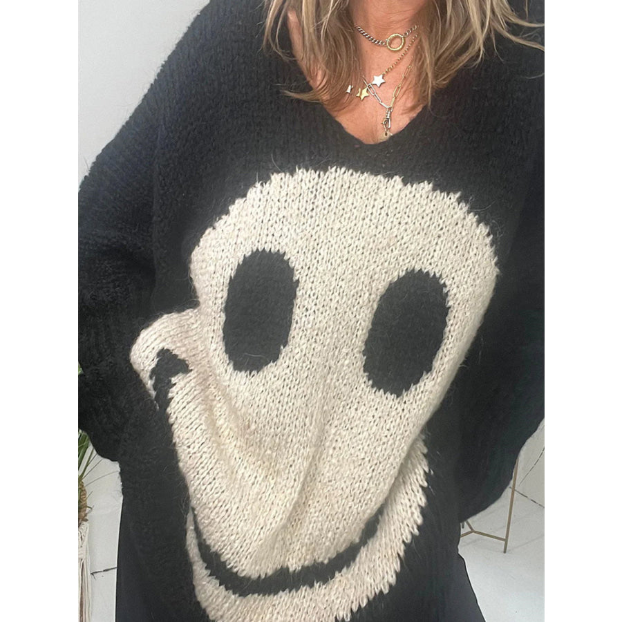 Smiling Face V-Neck Long Sleeve Sweater Apparel and Accessories