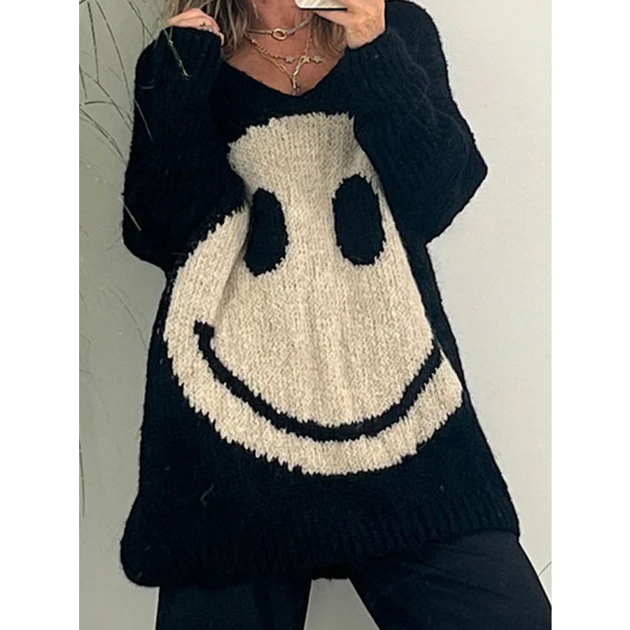 Smiling Face V-Neck Long Sleeve Sweater Black / S /M Apparel and Accessories