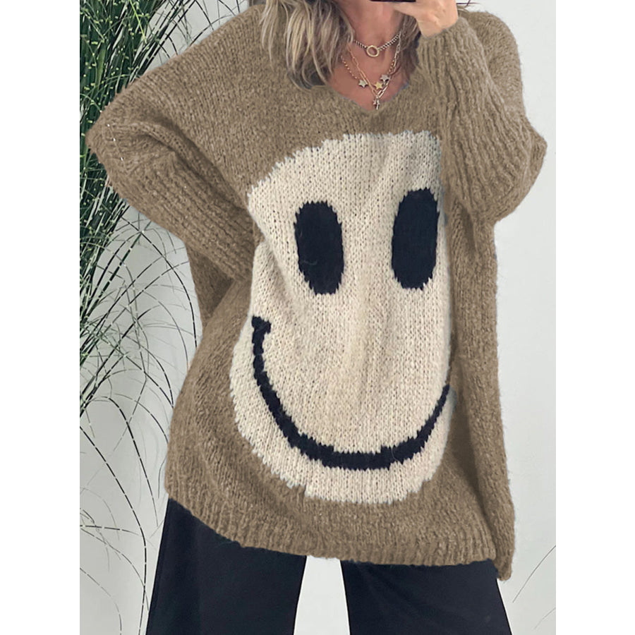 Smiling Face V-Neck Long Sleeve Sweater Camel / S /M Apparel and Accessories