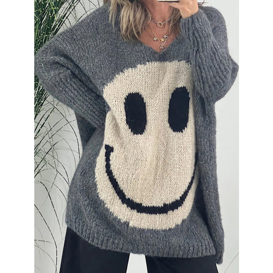 Smiling Face V-Neck Long Sleeve Sweater Dark Gray / S /M Apparel and Accessories