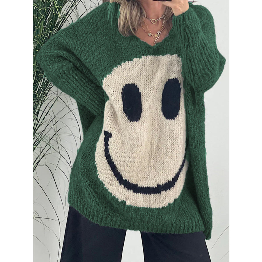 Smiling Face V-Neck Long Sleeve Sweater Dark Green / S /M Apparel and Accessories