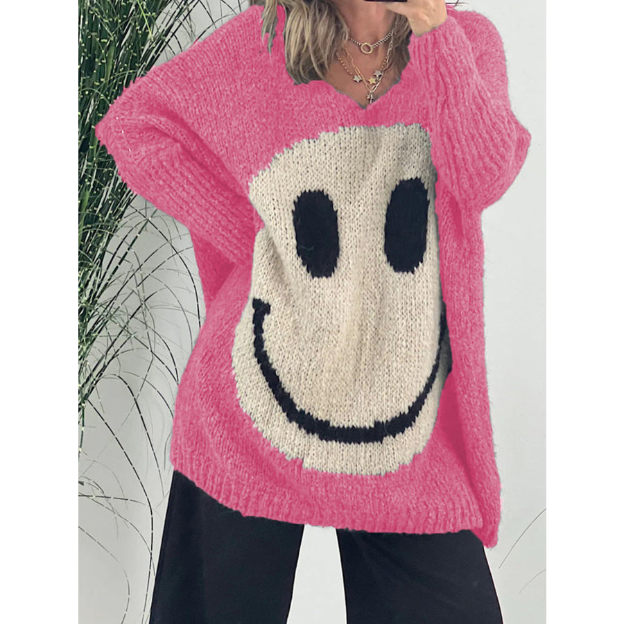 Smiling Face V-Neck Long Sleeve Sweater Hot Pink / S /M Apparel and Accessories