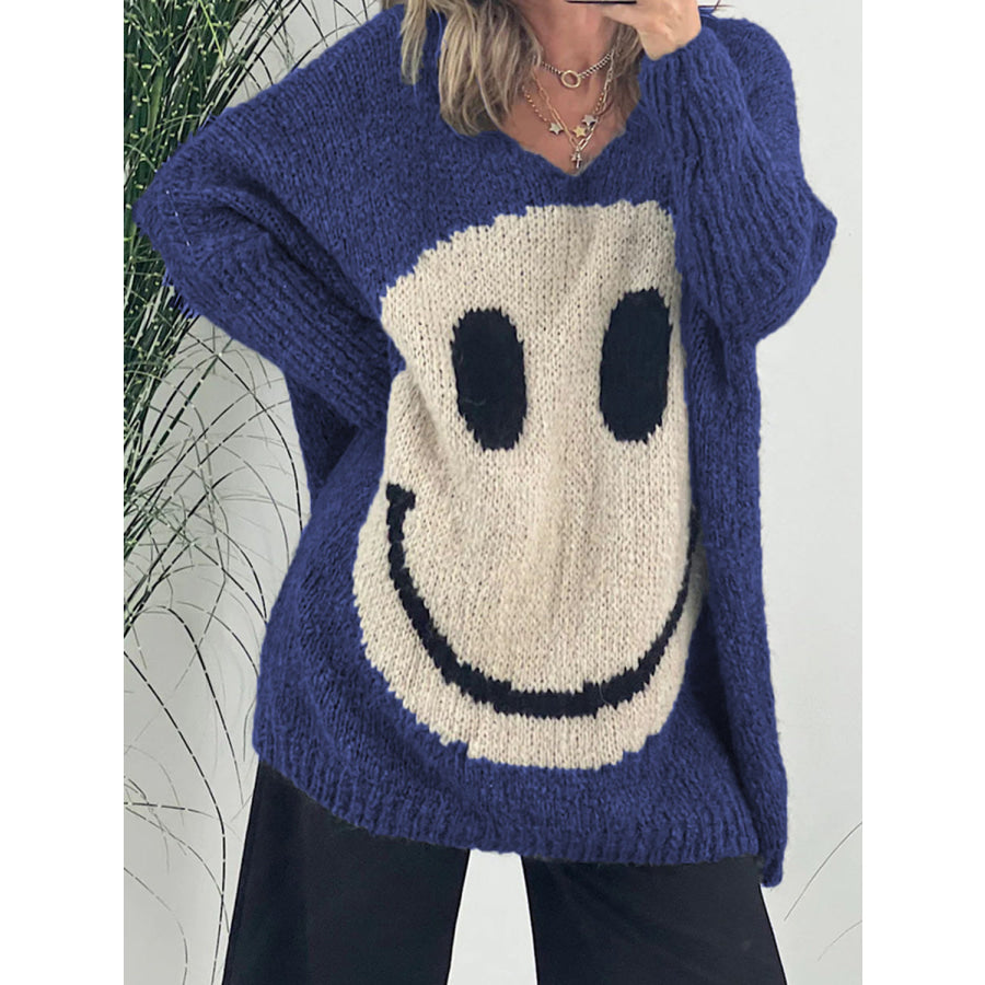 Smiling Face V-Neck Long Sleeve Sweater Royal Blue / S /M Apparel and Accessories