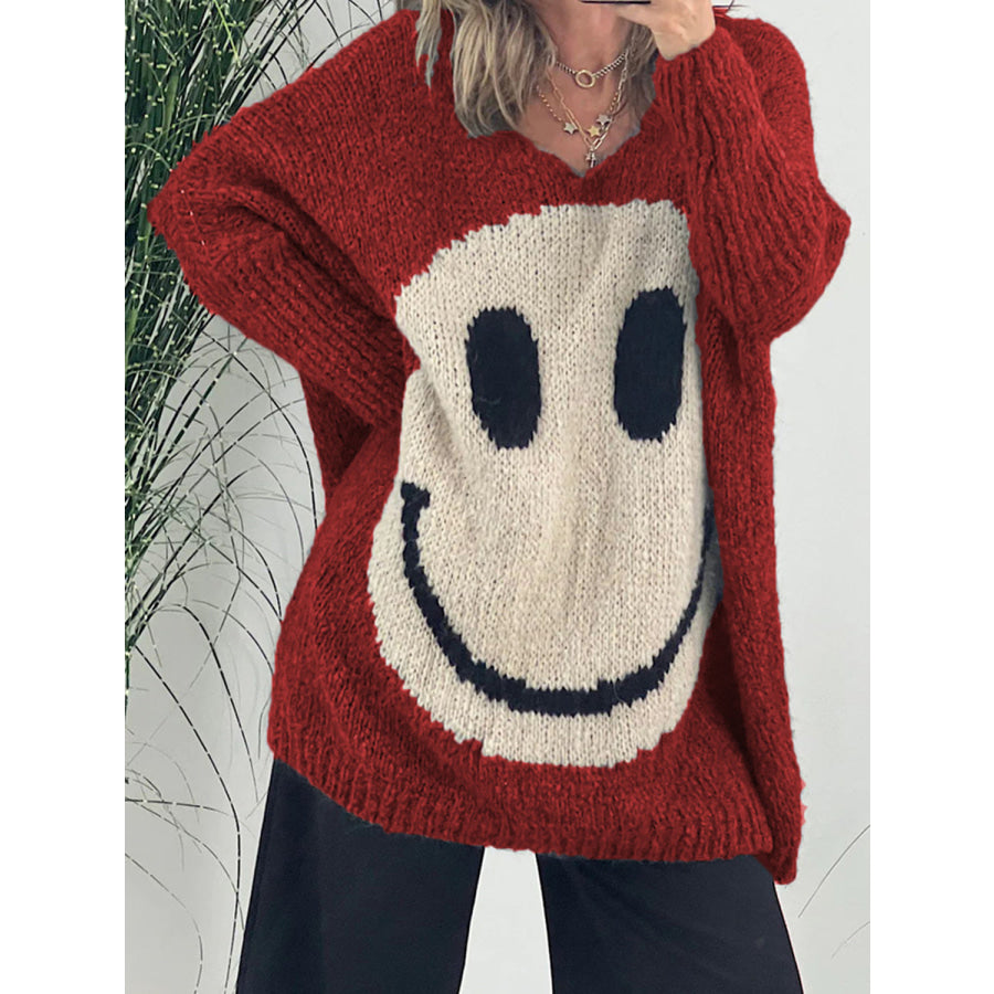 Smiling Face V-Neck Long Sleeve Sweater Rust / S /M Apparel and Accessories