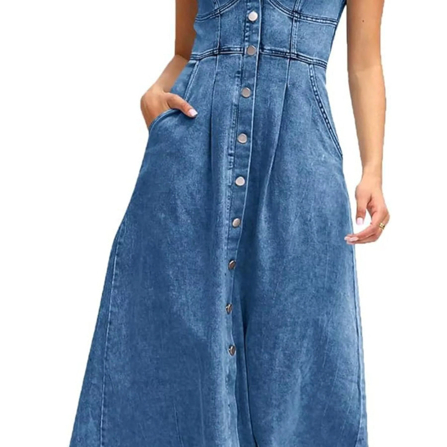Smocked Back Button Front Denim Midi Dress Apparel and Accessories