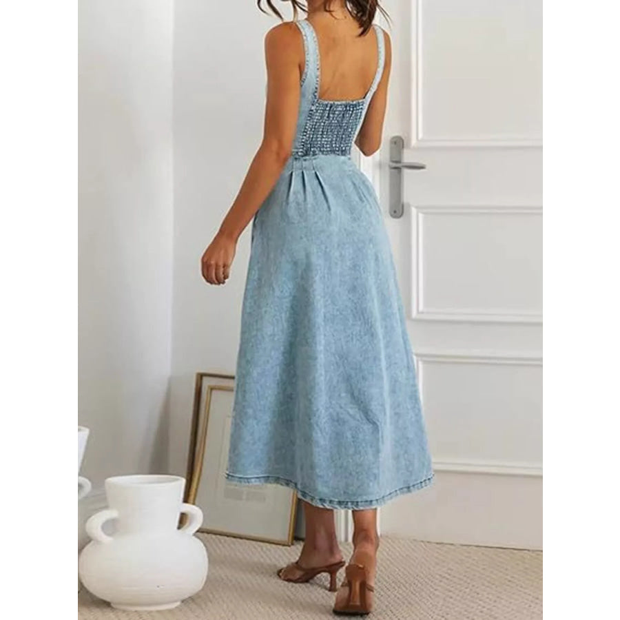 Smocked Back Button Front Denim Midi Dress Apparel and Accessories