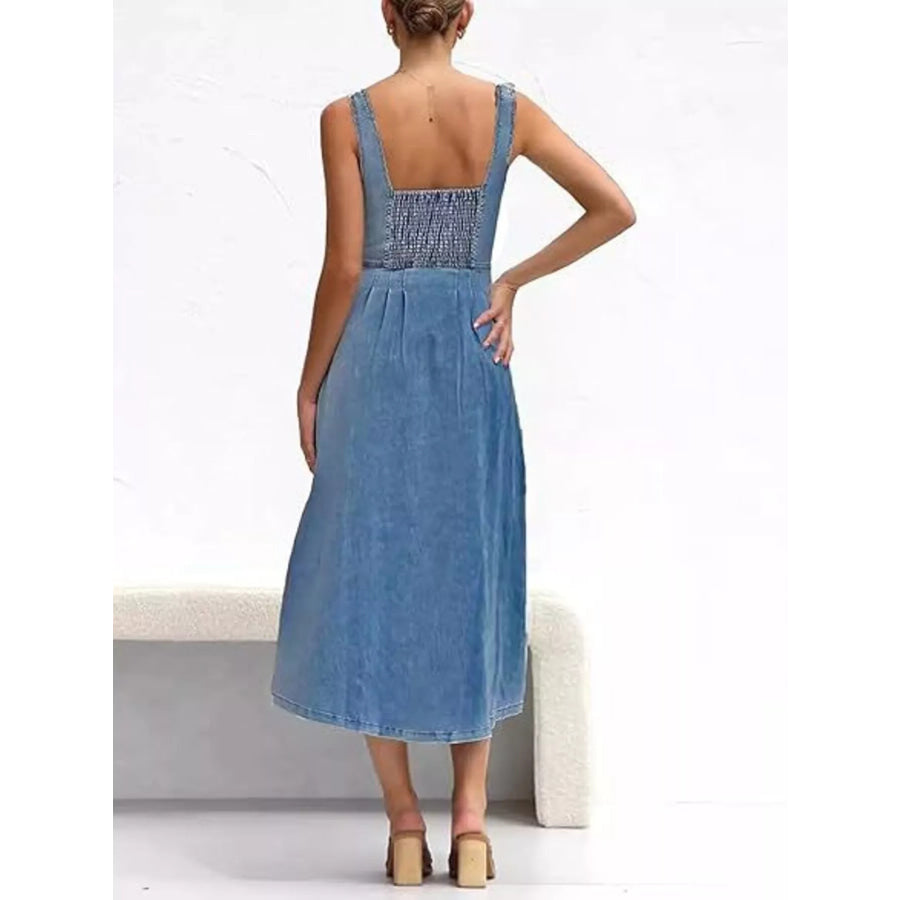 Smocked Back Button Front Denim Midi Dress Apparel and Accessories