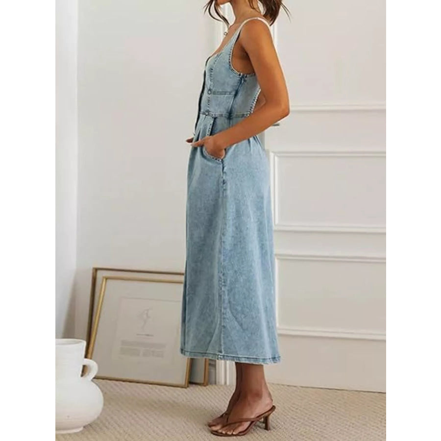 Smocked Back Button Front Denim Midi Dress Light Blue / S Apparel and Accessories