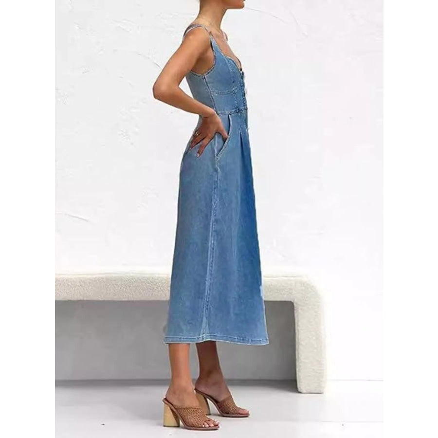 Smocked Back Button Front Denim Midi Dress Apparel and Accessories