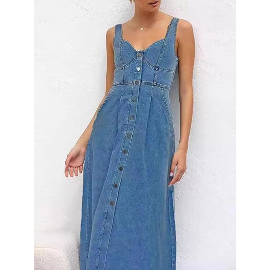 Smocked Back Button Front Denim Midi Dress Dark Blue / S Apparel and Accessories
