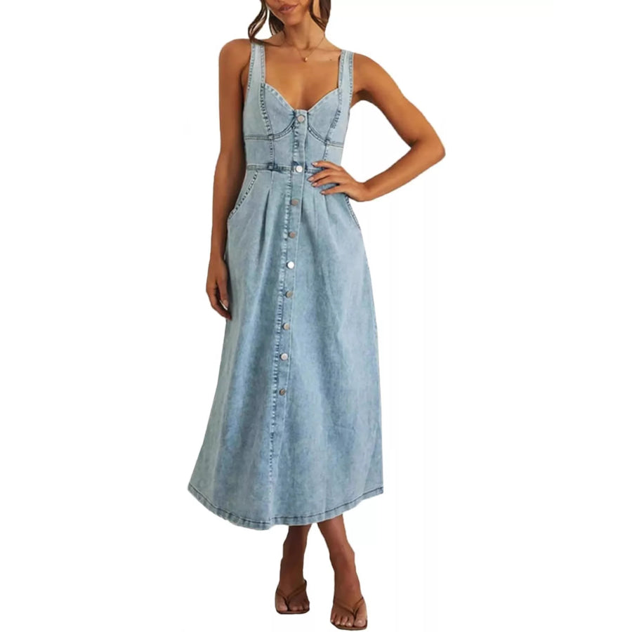 Smocked Back Button Front Denim Midi Dress Light Blue / S Apparel and Accessories