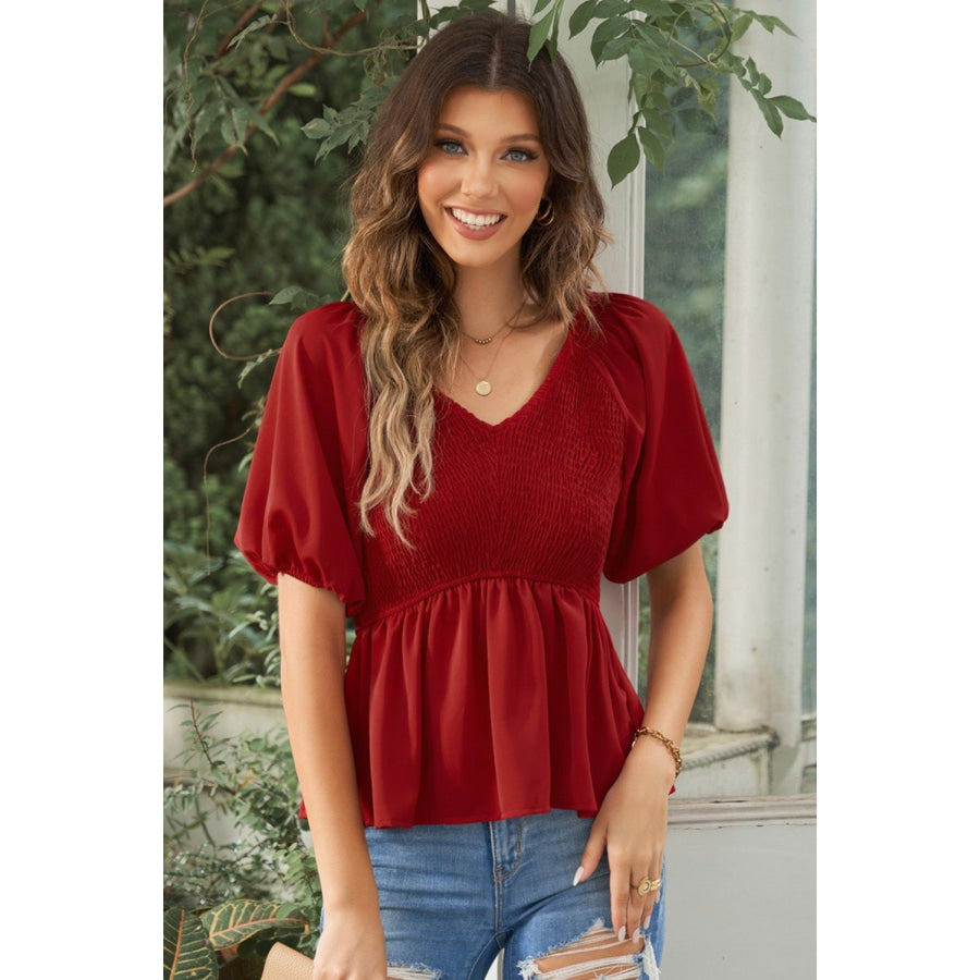 Smocked Balloon Sleeve Peplum Blouse Deep Red / S