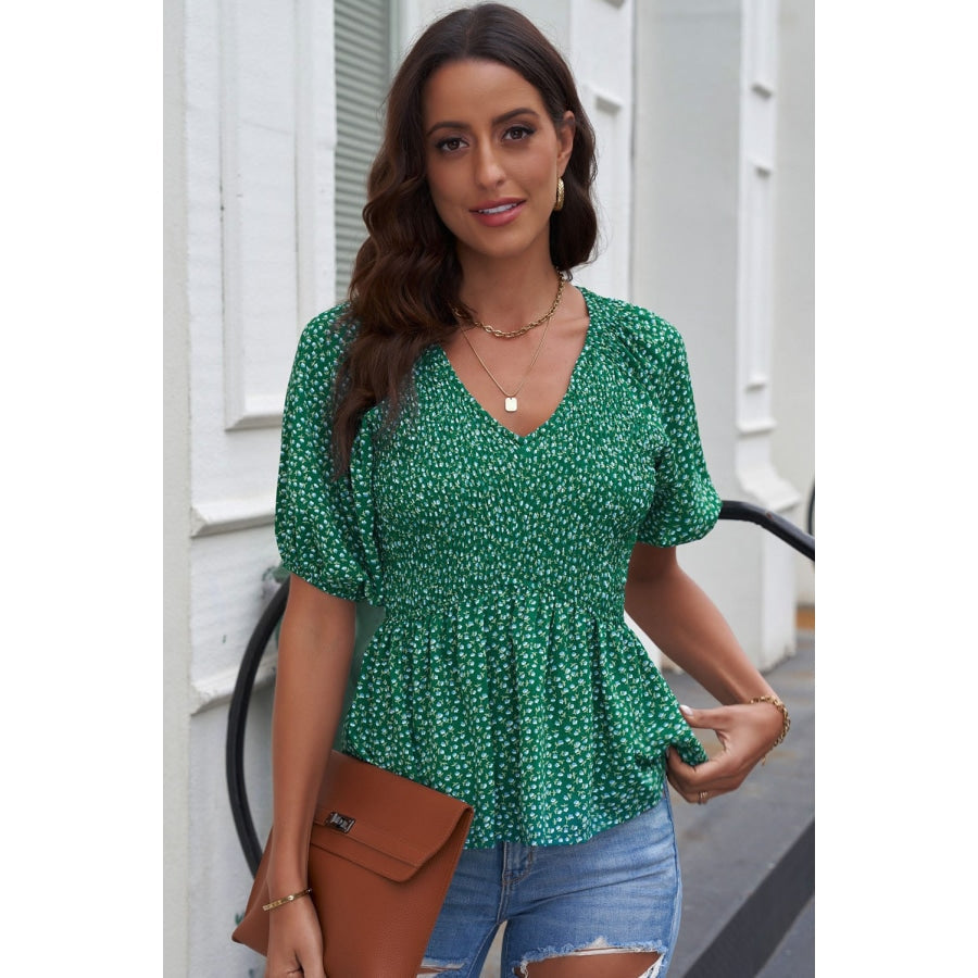 Smocked Balloon Sleeve Peplum Blouse