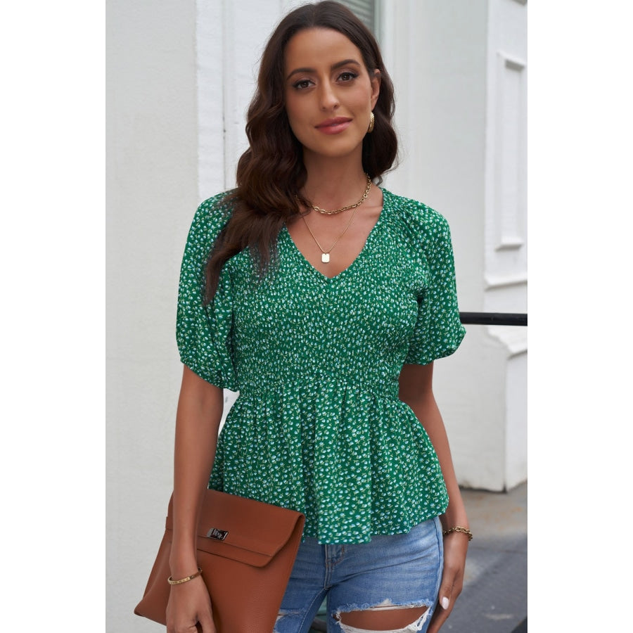 Smocked Balloon Sleeve Peplum Blouse