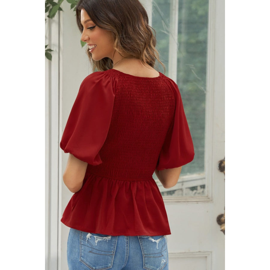 Smocked Balloon Sleeve Peplum Blouse Deep Red / S