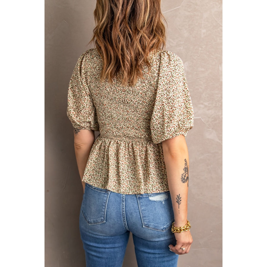 Smocked Balloon Sleeve Peplum Blouse