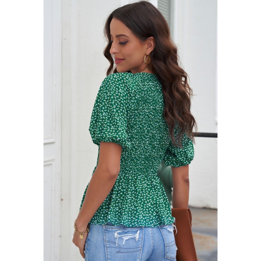 Smocked Balloon Sleeve Peplum Blouse