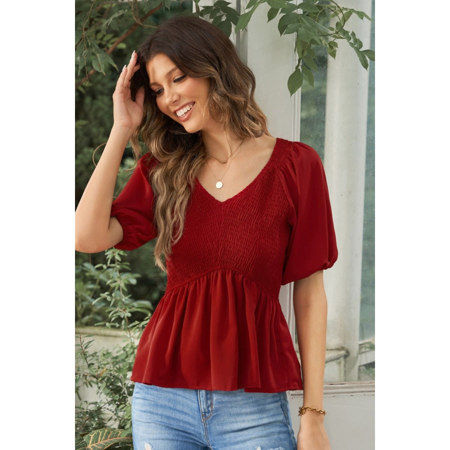 Smocked Balloon Sleeve Peplum Blouse