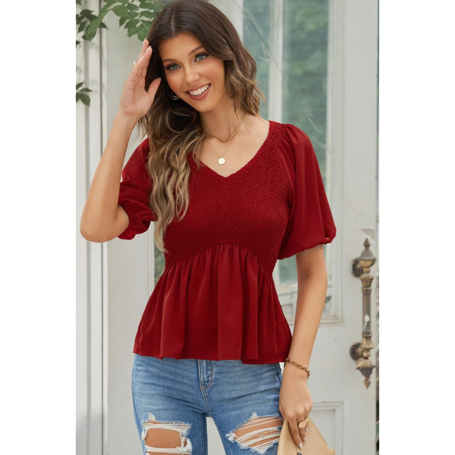 Smocked Balloon Sleeve Peplum Blouse