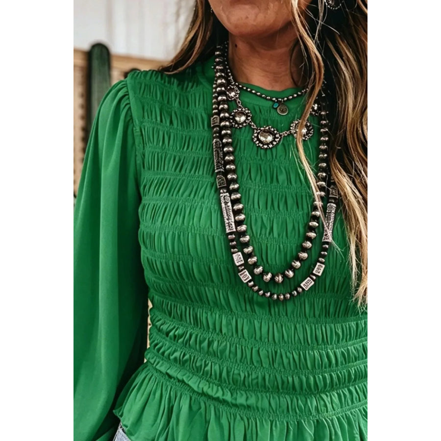 Smocked Balloon Sleeves Peplum Blouse Apparel and Accessories