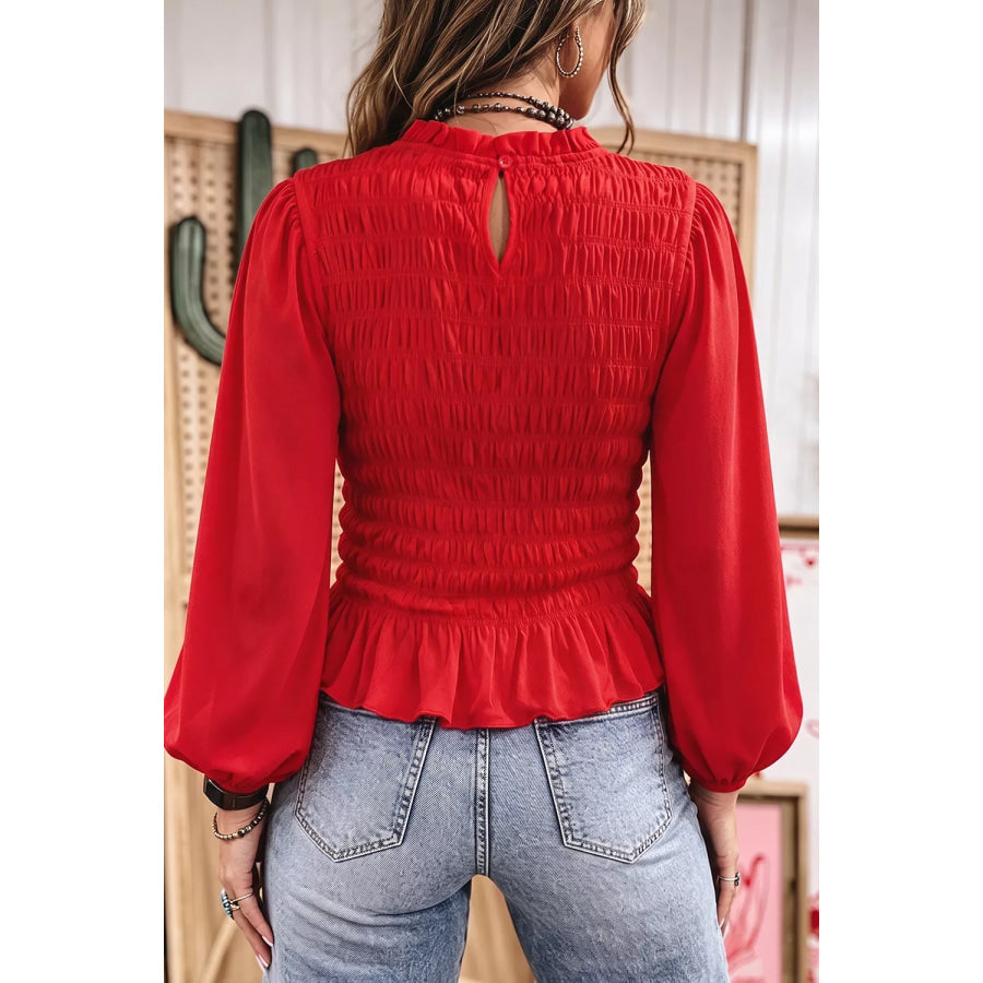 Smocked Balloon Sleeves Peplum Blouse Apparel and Accessories