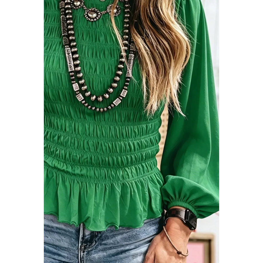 Smocked Balloon Sleeves Peplum Blouse Dark Green / S Apparel and Accessories