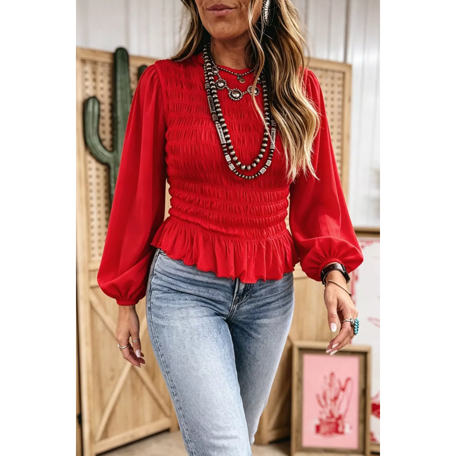 Smocked Balloon Sleeves Peplum Blouse Deep Red / S Apparel and Accessories
