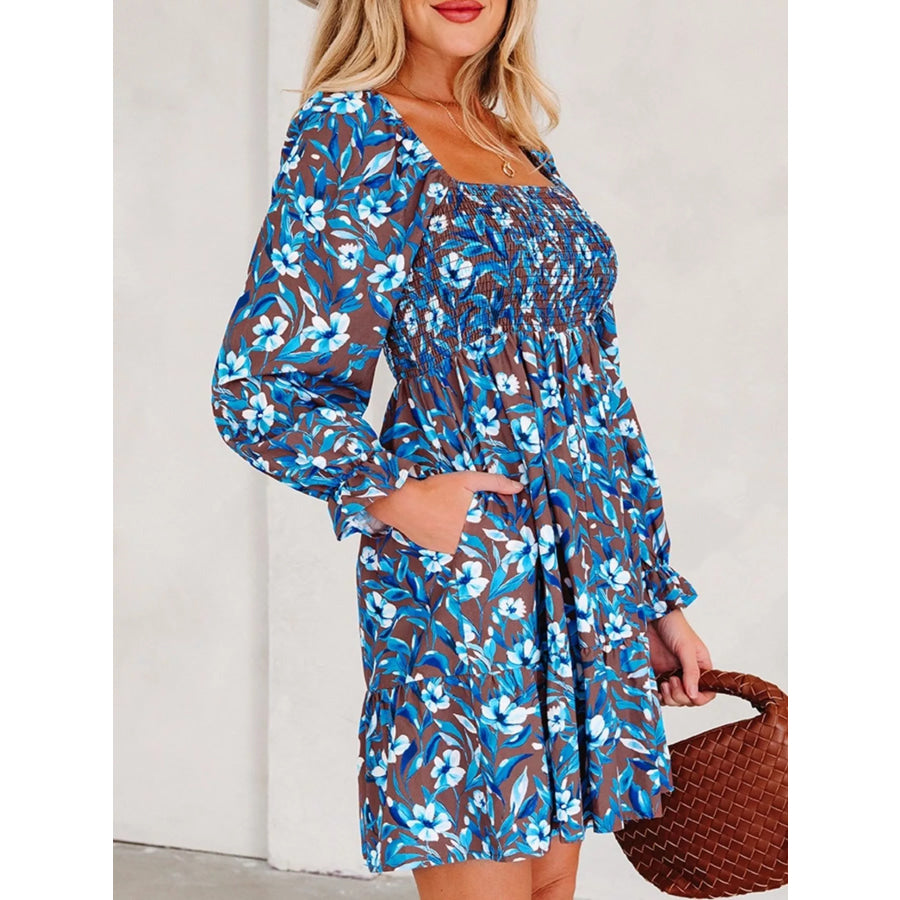 Smocked Bodice High Waist Ruffled Sleeve Floral Dress Apparel and Accessories