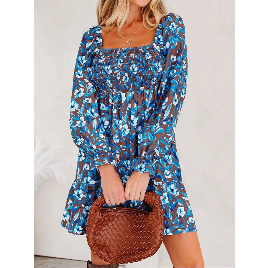 Smocked Bodice High Waist Ruffled Sleeve Floral Dress Apparel and Accessories