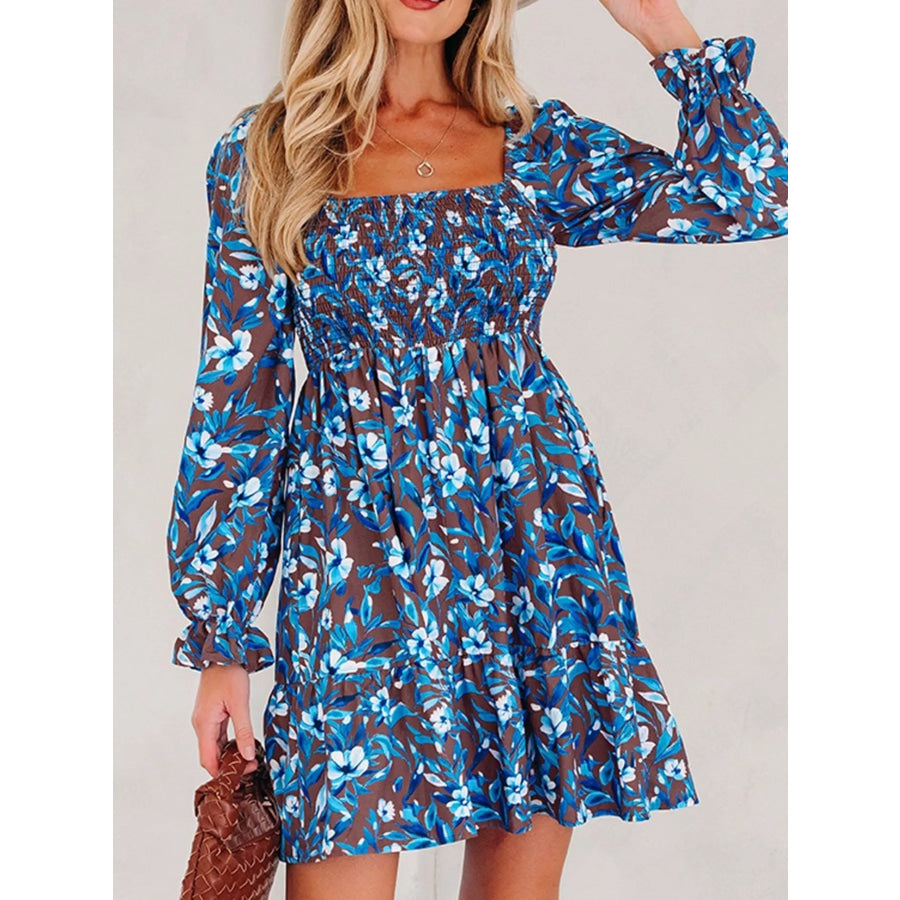 Smocked Bodice High Waist Ruffled Sleeve Floral Dress Apparel and Accessories