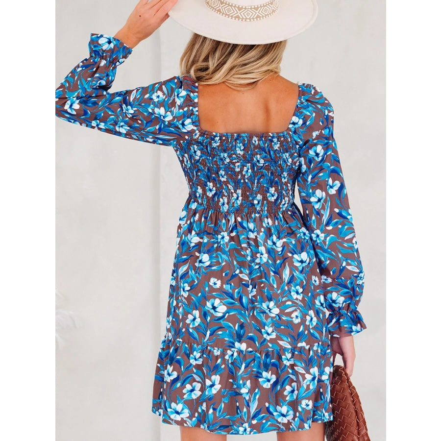Smocked Bodice High Waist Ruffled Sleeve Floral Dress Apparel and Accessories