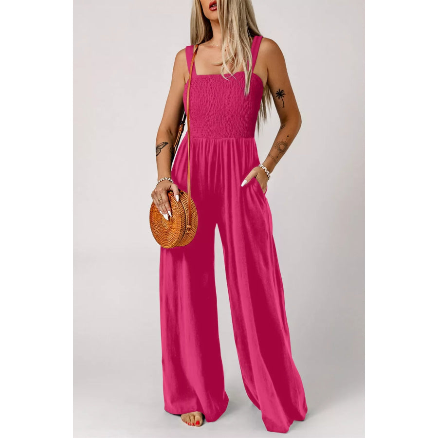 Smocked Bodice Wide Leg Jumpsuit Deep Rose / S Apparel and Accessories