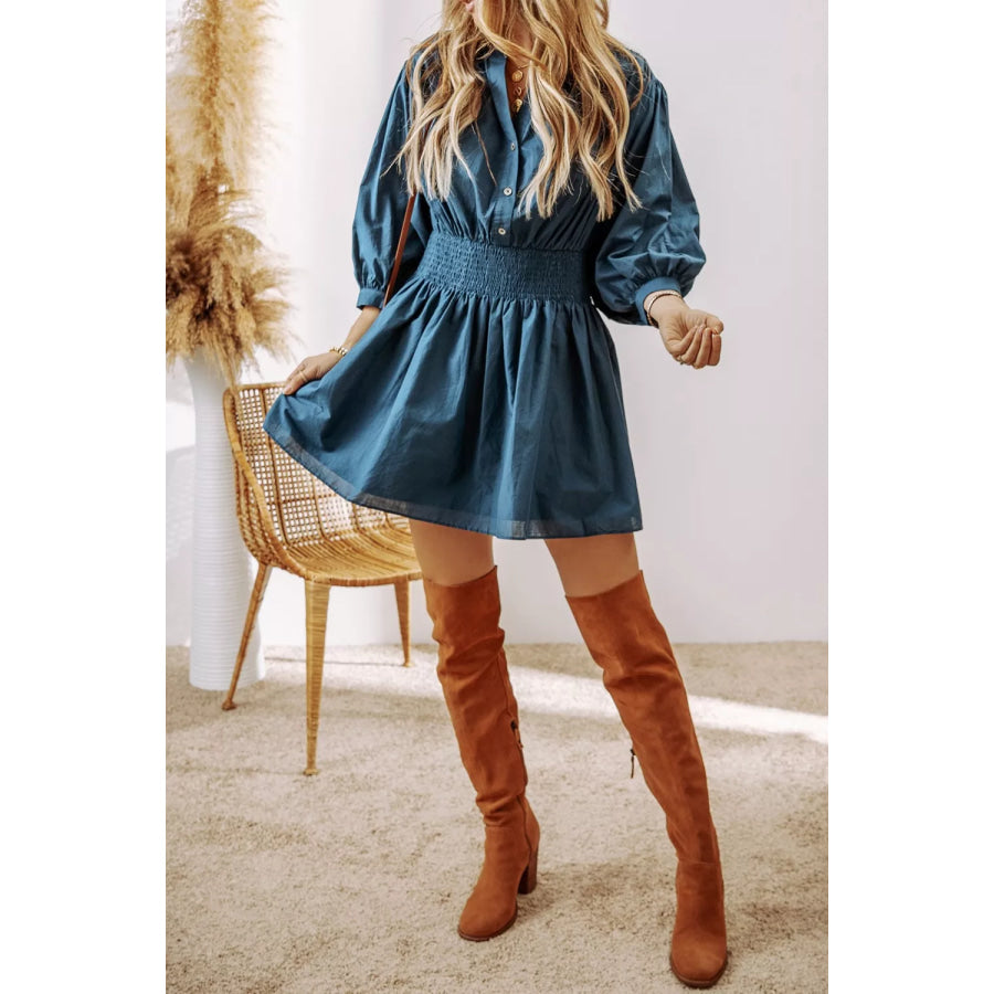 Smocked Button Front Mini Dress French Blue / M Apparel and Accessories