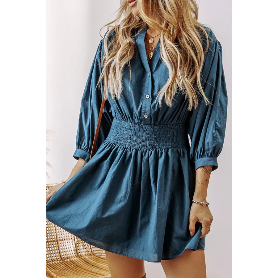 Smocked Button Front Mini Dress French Blue / M Apparel and Accessories