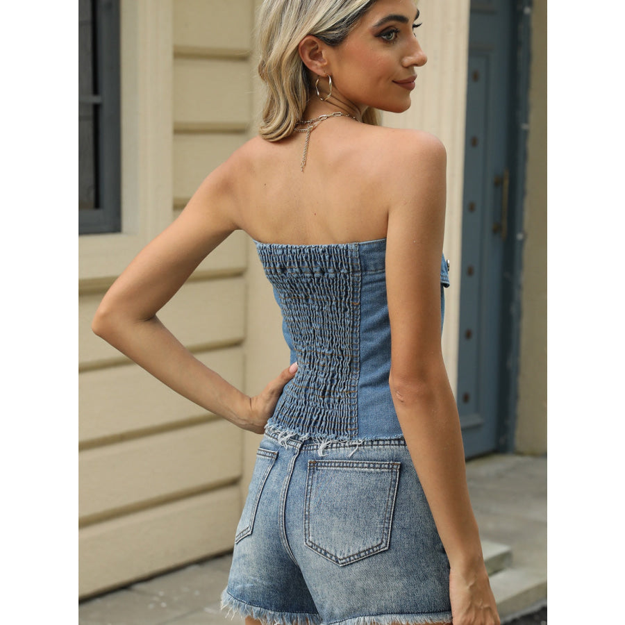 Smocked Button Up Tube Denim Top Apparel and Accessories