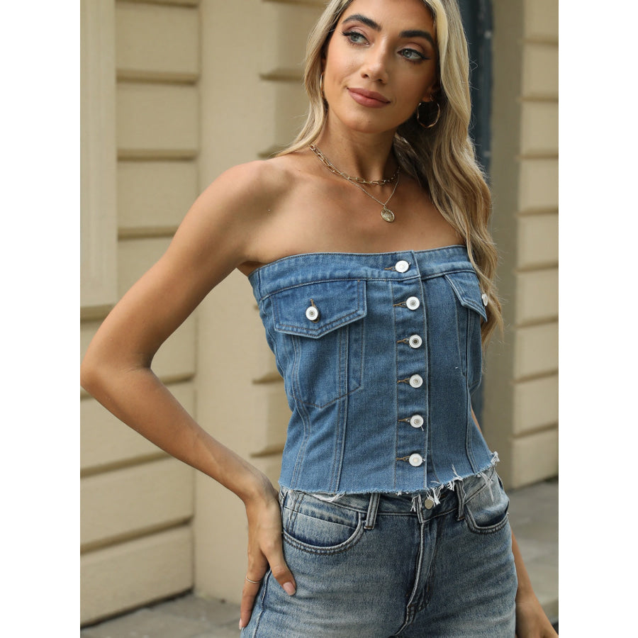 Smocked Button Up Tube Denim Top Apparel and Accessories