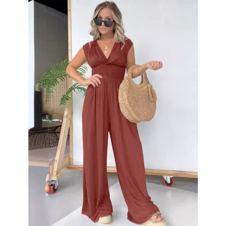 Smocked Cap Sleeve Wide Leg Jumpsuit Apparel and Accessories