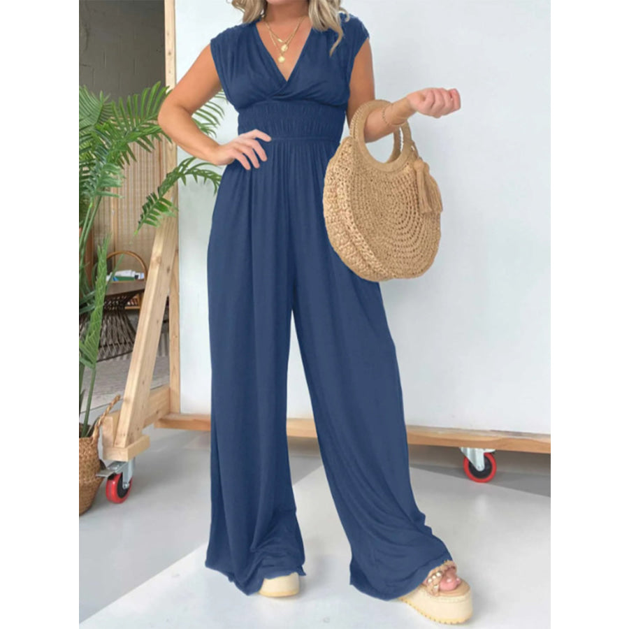 Smocked Cap Sleeve Wide Leg Jumpsuit Apparel and Accessories