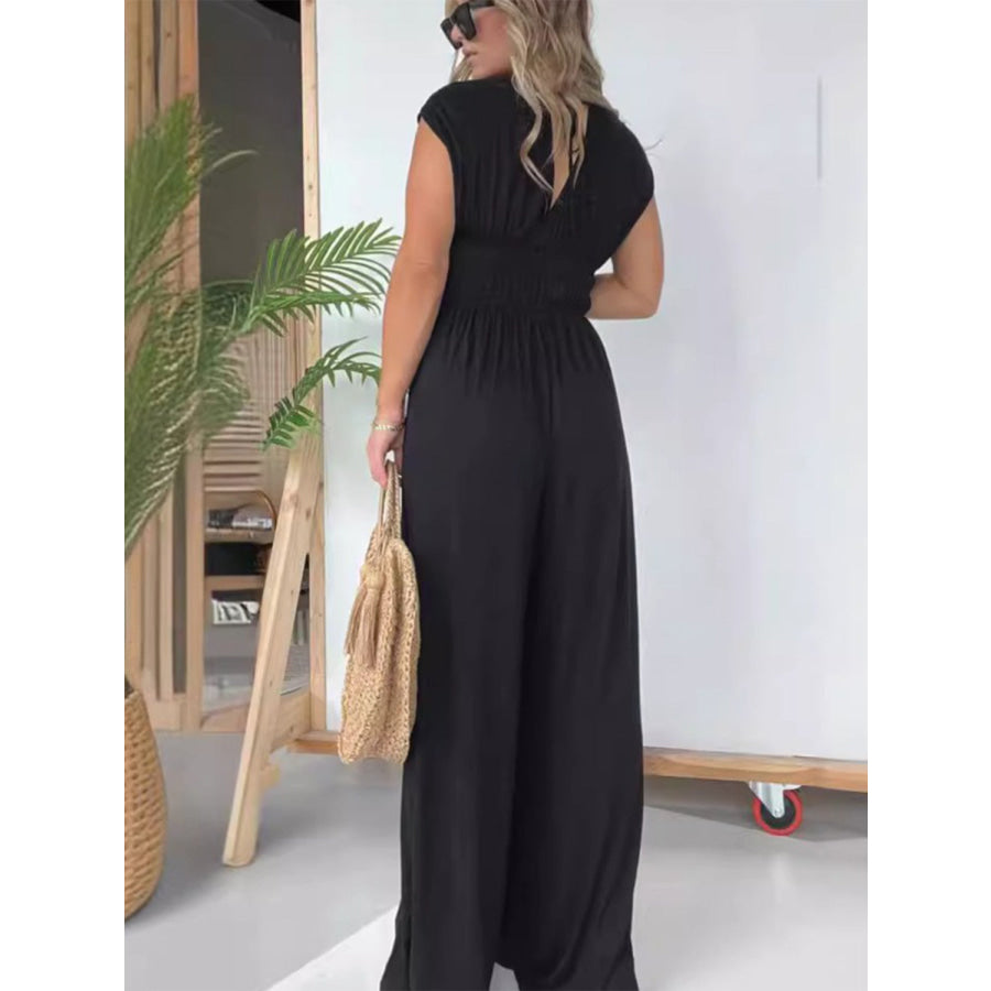 Smocked Cap Sleeve Wide Leg Jumpsuit Black / S Apparel and Accessories