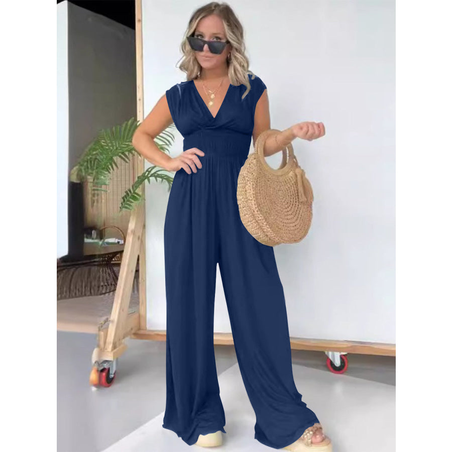 Smocked Cap Sleeve Wide Leg Jumpsuit Dark Blue / S Apparel and Accessories
