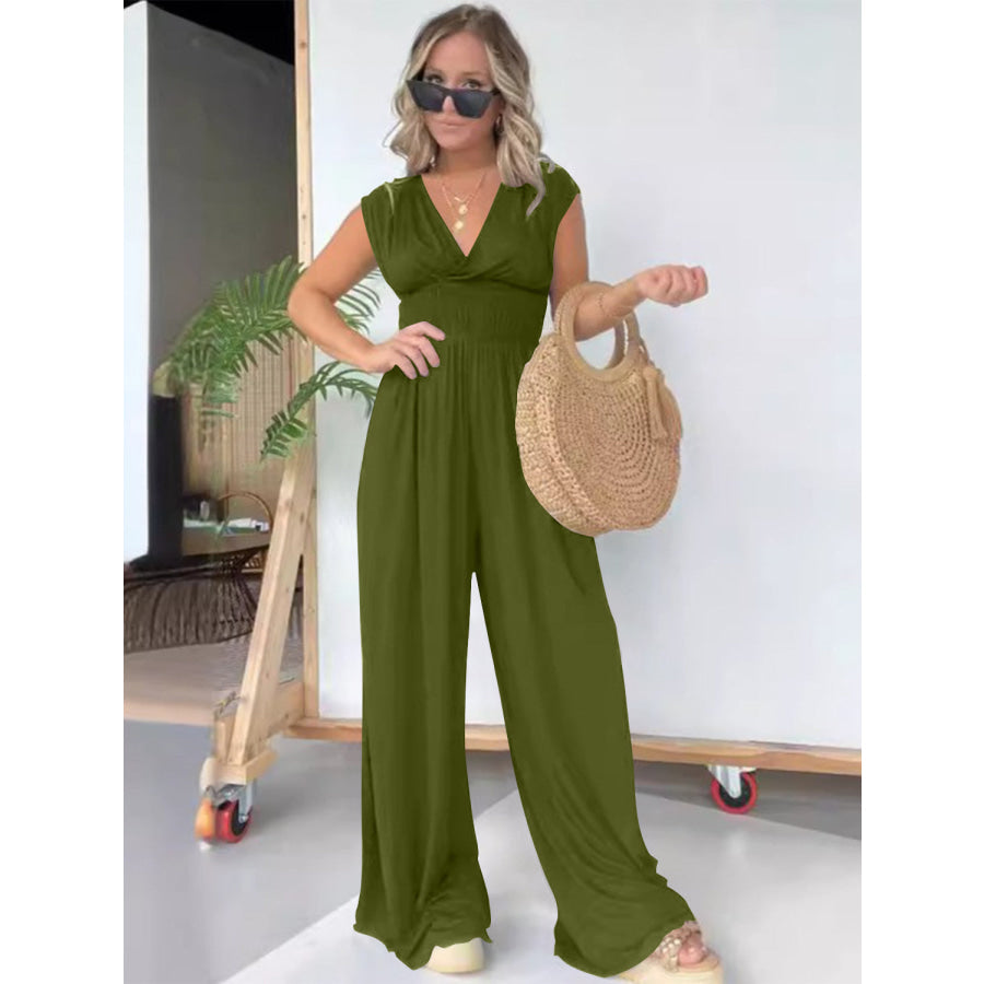 Smocked Cap Sleeve Wide Leg Jumpsuit Matcha Green / S Apparel and Accessories