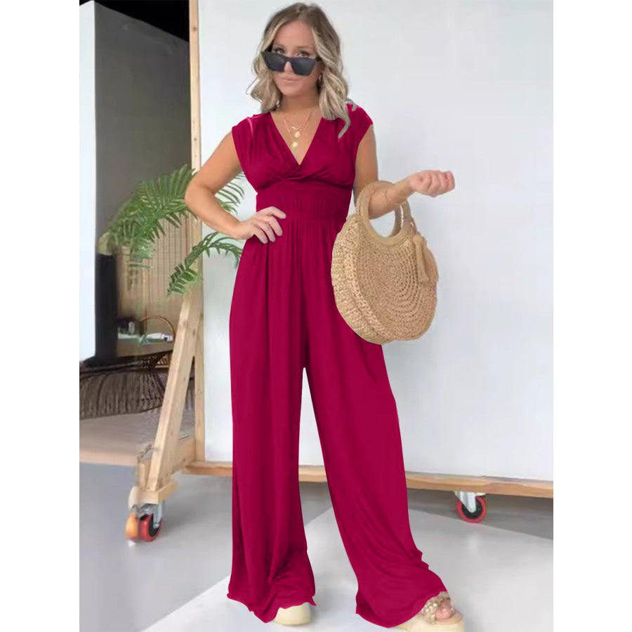 Smocked Cap Sleeve Wide Leg Jumpsuit Red-Violet / S Apparel and Accessories