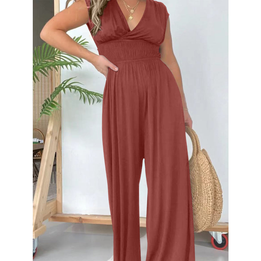 Smocked Cap Sleeve Wide Leg Jumpsuit Rust / S Apparel and Accessories