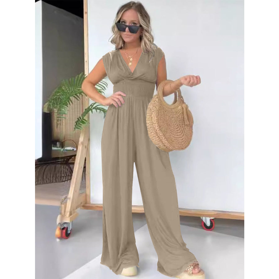 Smocked Cap Sleeve Wide Leg Jumpsuit Tan / S Apparel and Accessories