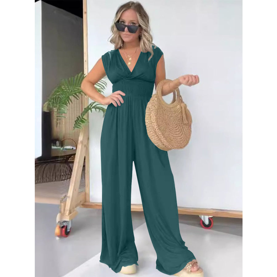 Smocked Cap Sleeve Wide Leg Jumpsuit Turquoise / S Apparel and Accessories