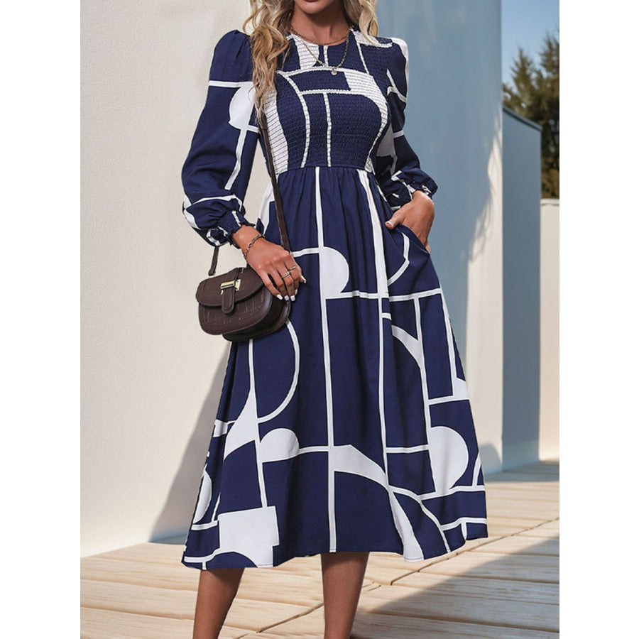 Smocked Color Block Long Sleeve Midi Dress Apparel and Accessories