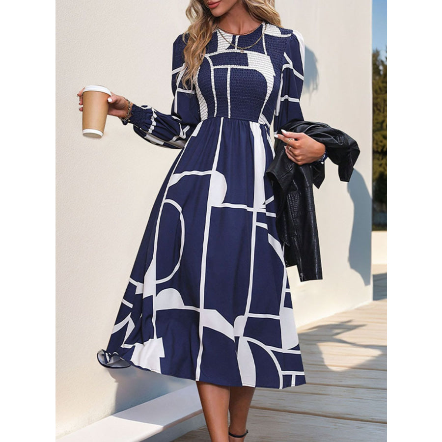 Smocked Color Block Long Sleeve Midi Dress Apparel and Accessories