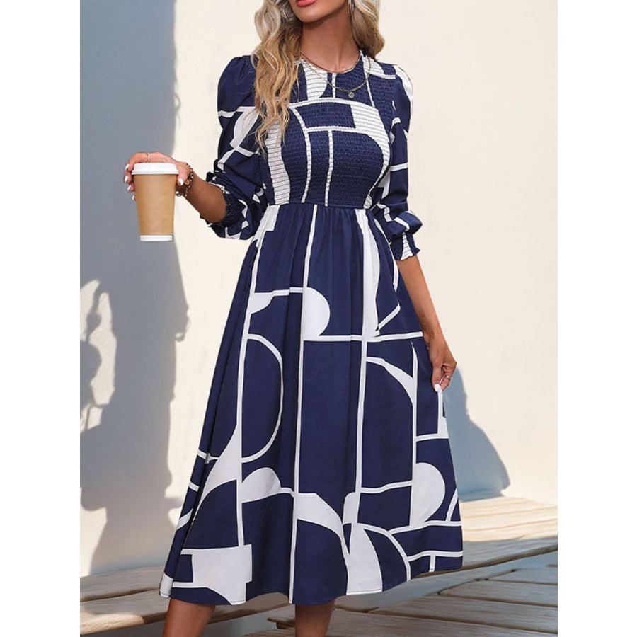 Smocked Color Block Long Sleeve Midi Dress Apparel and Accessories