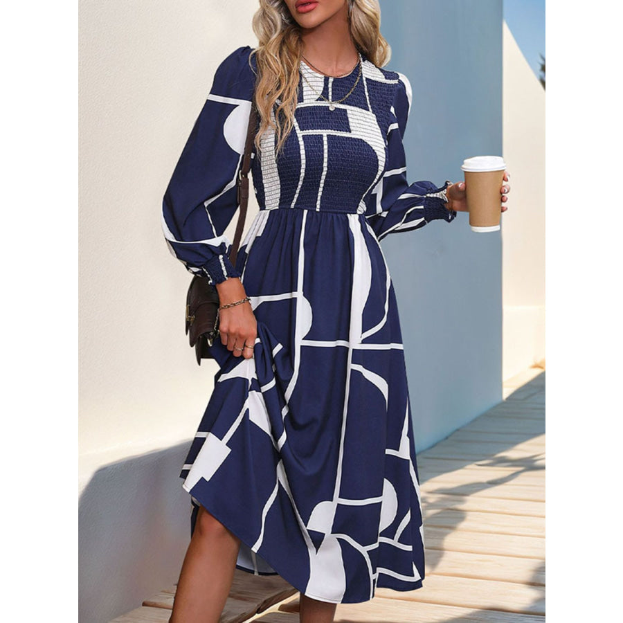 Smocked Color Block Long Sleeve Midi Dress Apparel and Accessories