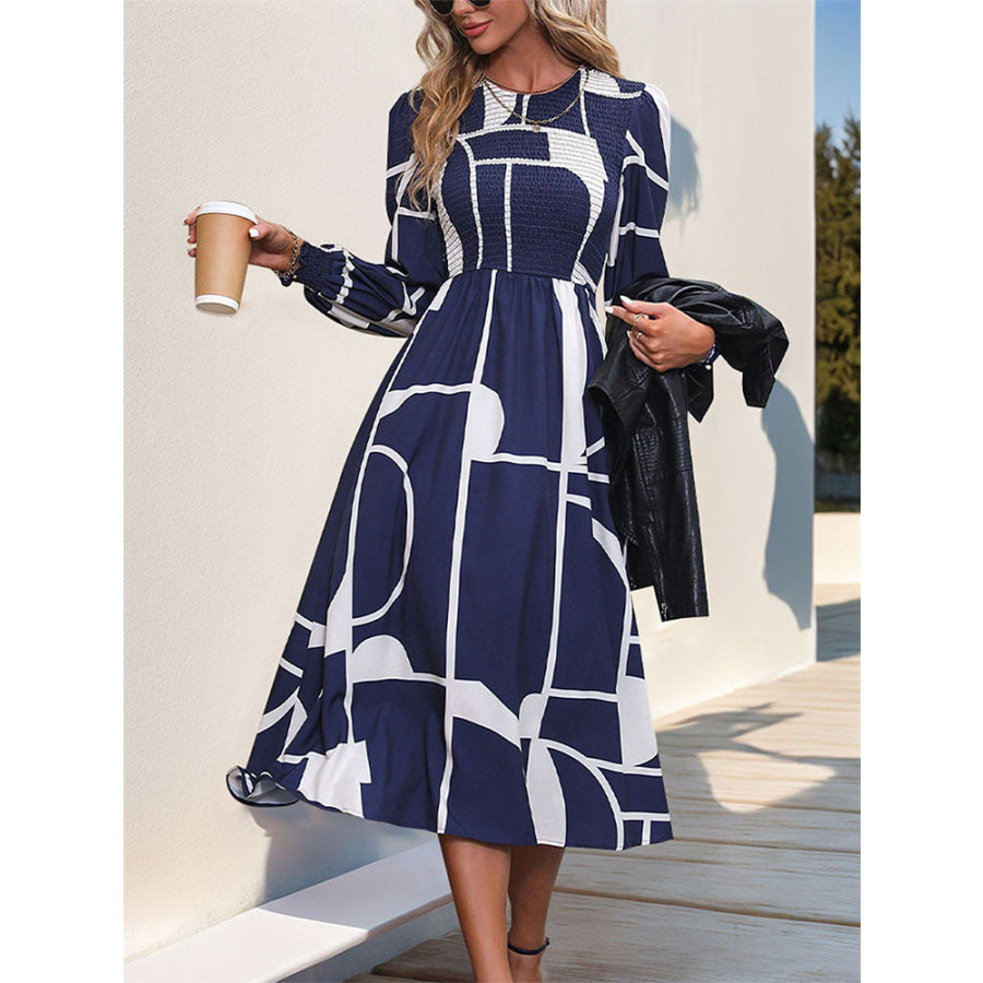 Smocked Color Block Long Sleeve Midi Dress Dark Navy / S Apparel and Accessories